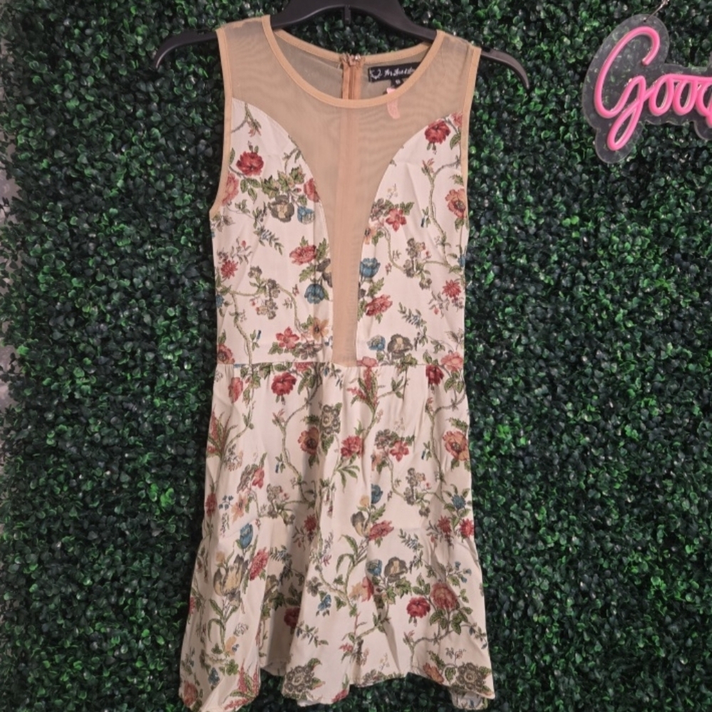 MINT For Love & Lemons Beige Lulu Floral Sheer Mesh Flared Mini‎ Dress Small